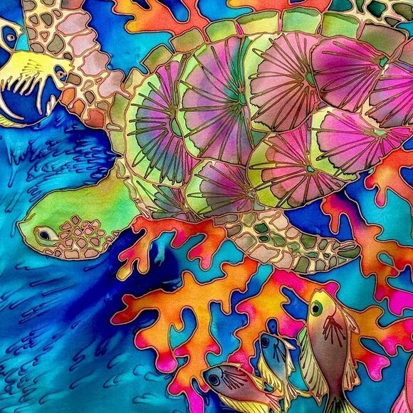Vintage Lee Caldwell hand painted silk mtropical fish ocean scarf fabulous - Picture 5 of 15
